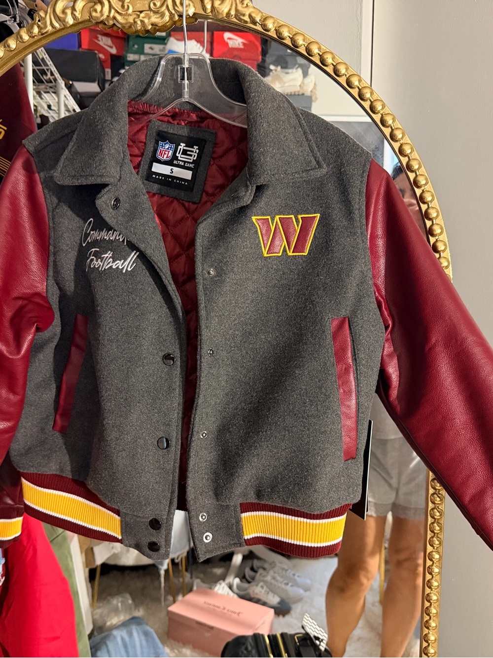 NFL Grey and Burgundy Varsity Jacket with Yellow 'W' Patch